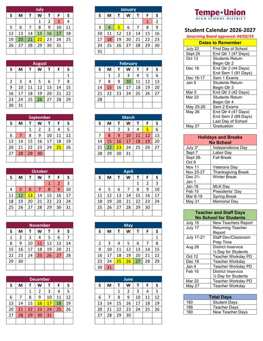 Tempe Union High School District 2026–2027 Academic Calendar