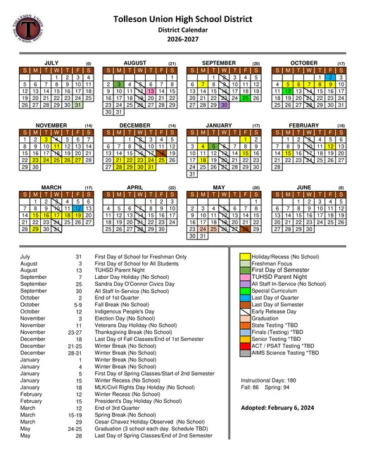Tolleson Union High School District 2026–2027 Academic Calendar
