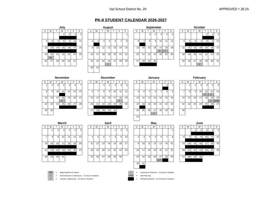 Vail School District No. 20 2026–2027 Academic Calendar Page 1