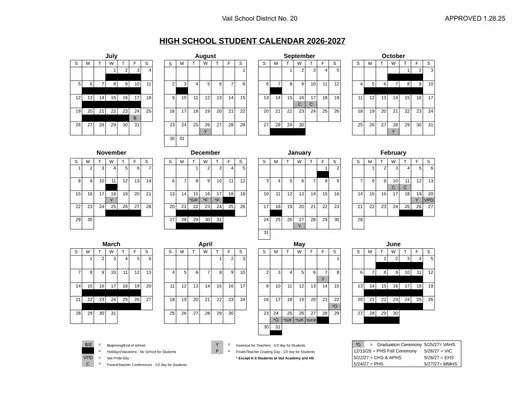 Vail School District No. 20 2026–2027 Academic Calendar Page 2