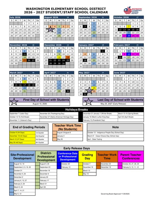 Washington Elementary School District 2026–2027 Academic Calendar