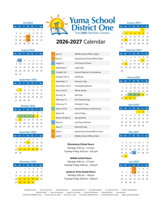 Yuma School District One 2026–2027 Academic Calendar