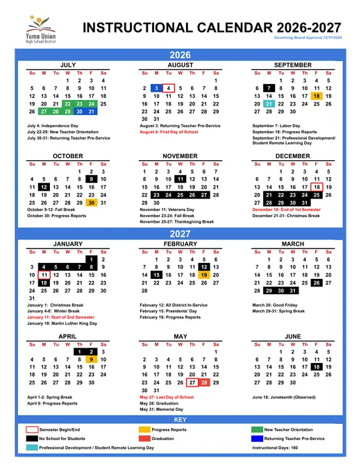 Yuma Union High School District 2026–2027 Academic Calendar