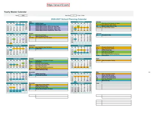 Arkansas Virtual Academy 2026–2027 Academic Calendar