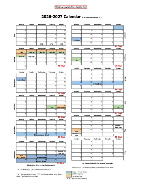 Bentonville Schools 2026–2027 Academic Calendar
