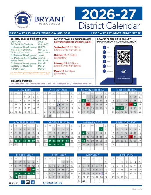 Bryant Public Schools 2026–2027 Academic Calendar