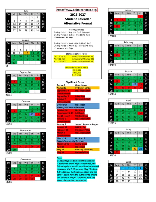 Cabot Public Schools 2026–2027 Academic Calendar