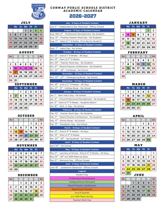 Conway Public Schools District 2026–2027 Academic Calendar