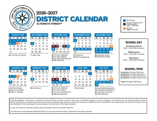 Fort Smith Public Schools 2026–2027 Academic Calendar Page 1