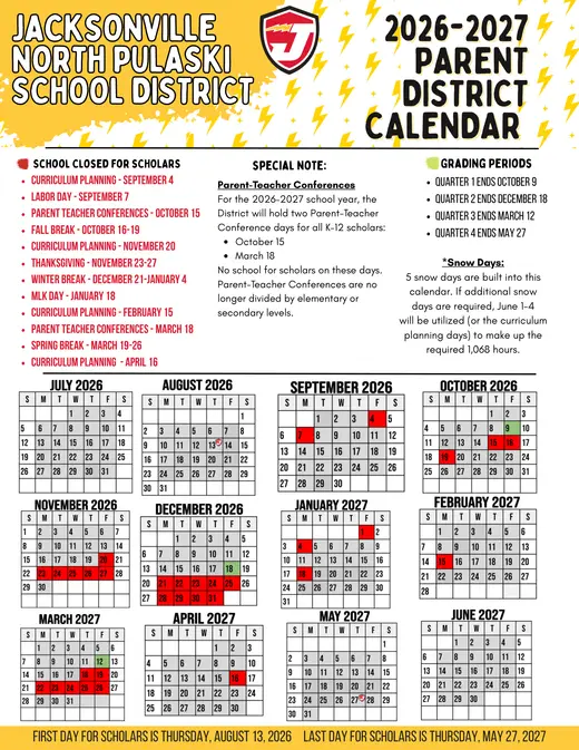 Jacksonville North Pulaski School District 2026–2027 Academic Calendar