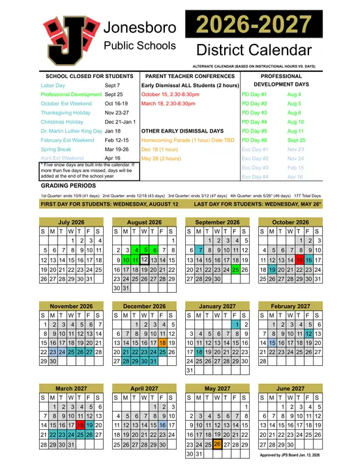 Jonesboro Public Schools 2026–2027 Academic Calendar
