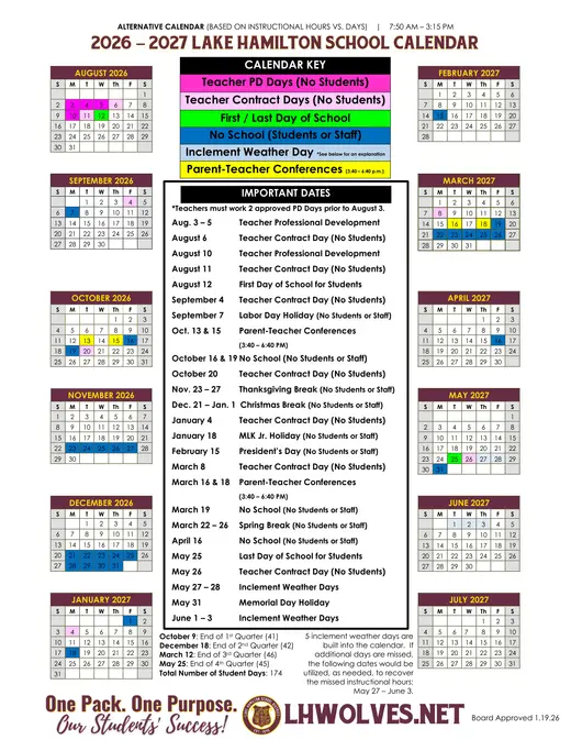 Lake Hamilton School District 2026–2027 Academic Calendar