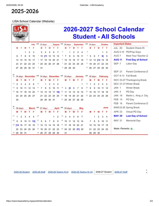 LISA Academy 2026–2027 Academic Calendar Page 2