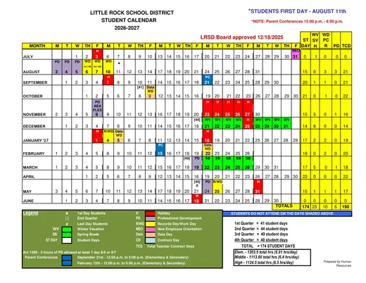 Little Rock School District 2026–2027 Academic Calendar