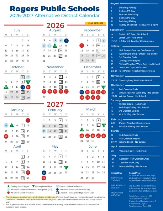 Rogers Public Schools 2026–2027 Academic Calendar