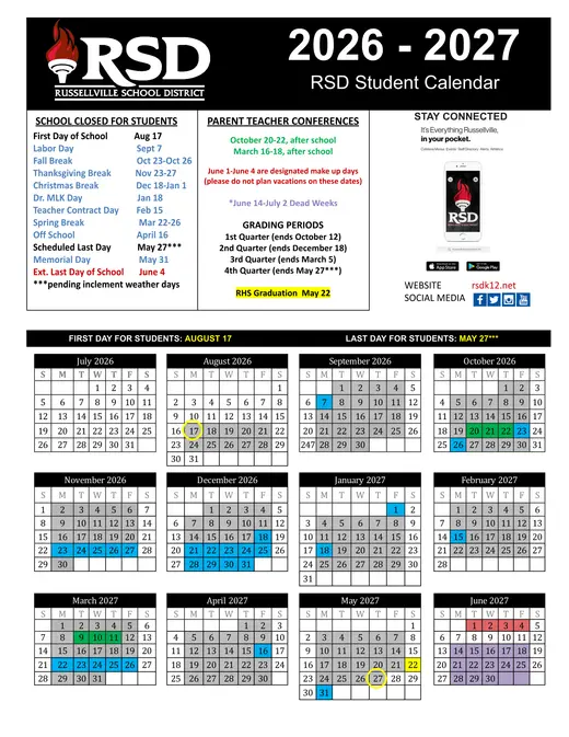 Russellville School District 2026–2027 Academic Calendar