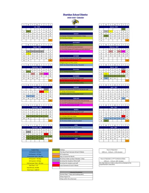 Sheridan School District 2026–2027 Academic Calendar