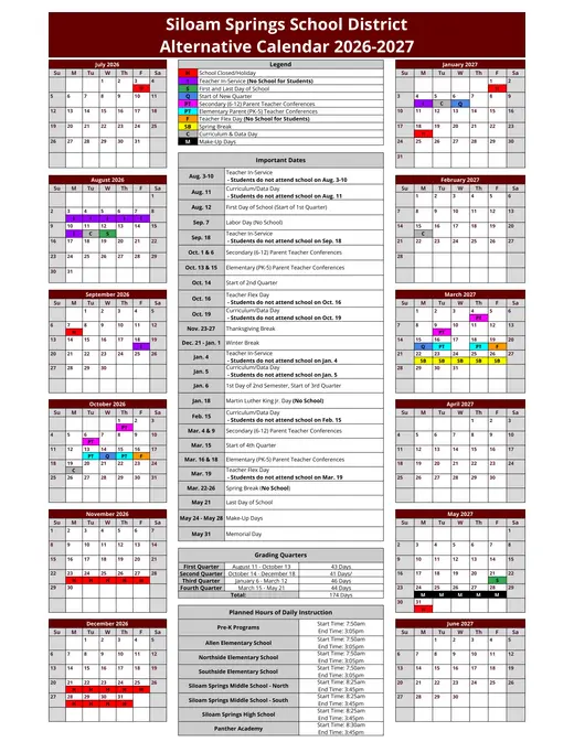 Siloam Springs School District 2026–2027 Academic Calendar Page 1