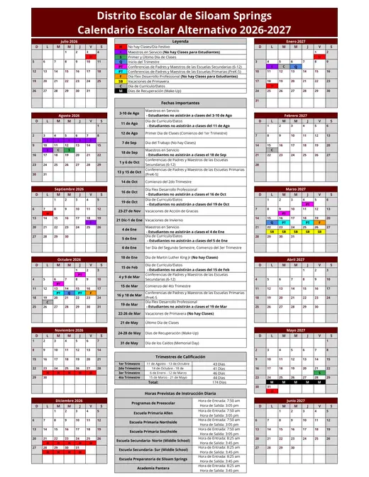 Siloam Springs School District 2026–2027 Academic Calendar Page 2