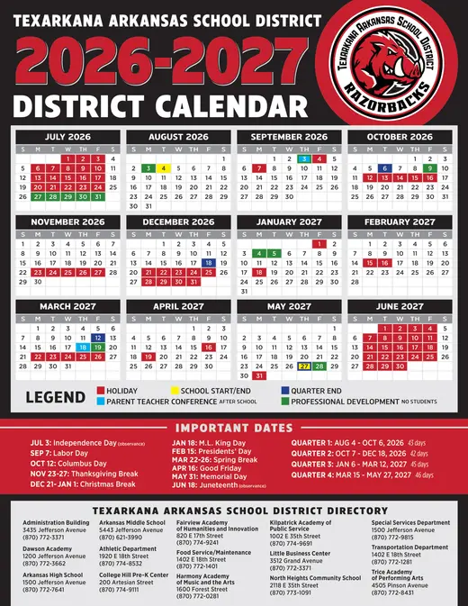 Texarkana Arkansas School District 2026–2027 Academic Calendar
