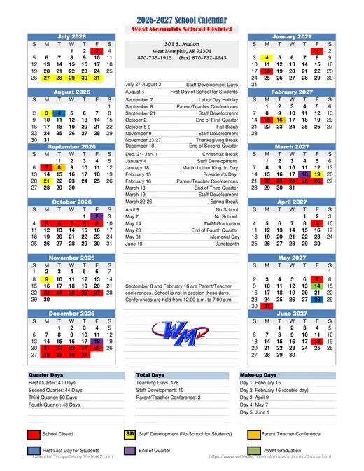 West Memphis School District 2026–2027 Academic Calendar