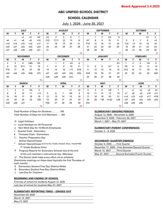 ABC Unified School District 2026–2027 Academic Calendar Page 1