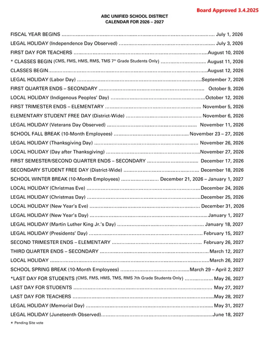 ABC Unified School District 2026–2027 Academic Calendar Page 2