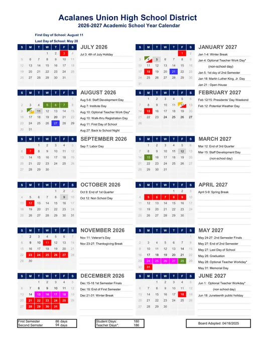 Acalanes Union High School District AUHSD 2026–2027 Academic Calendar