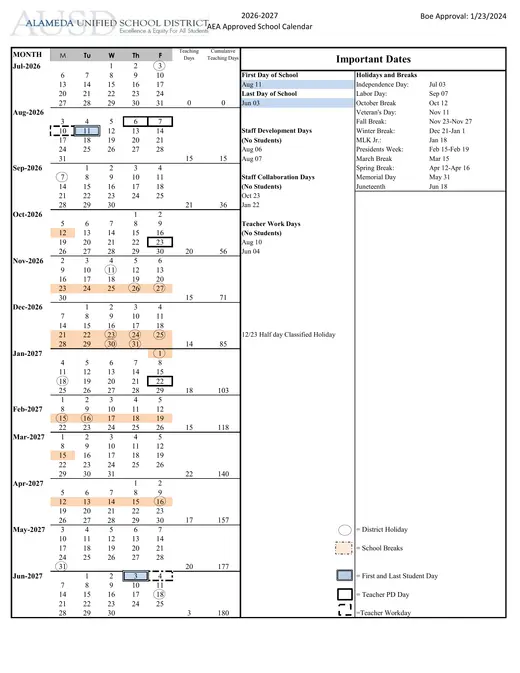 Alameda Unified School District 2026–2027 Academic Calendar Page 2