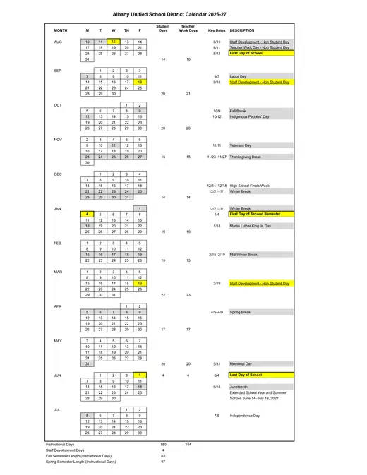 Albany Unified School District 2026–2027 Academic Calendar