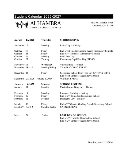 Alhambra Unified School District 2027–2028 Academic Calendar Page 1