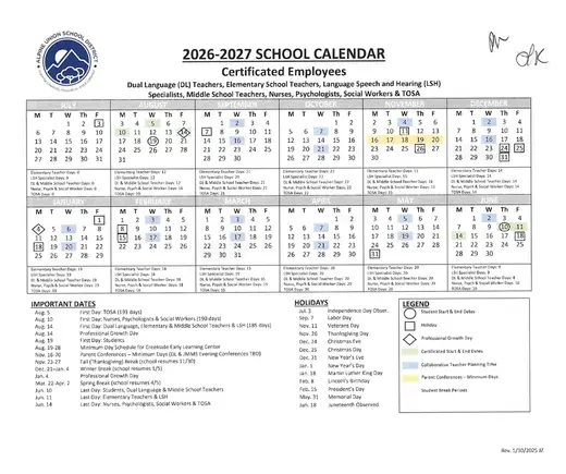 Alpine Union School District 2026–2027 Academic Calendar Page 2