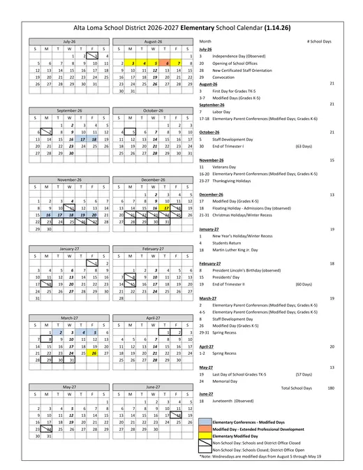 Alta Loma School District 2026–2027 Academic Calendar