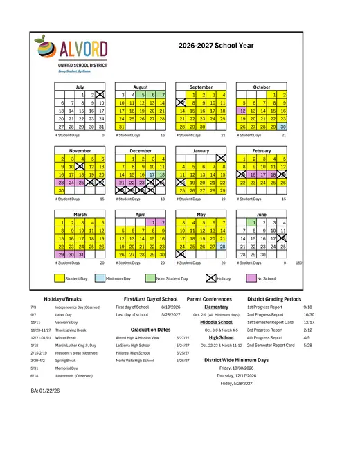 Alvord Unified School District 2026–2027 Academic Calendar Page 1