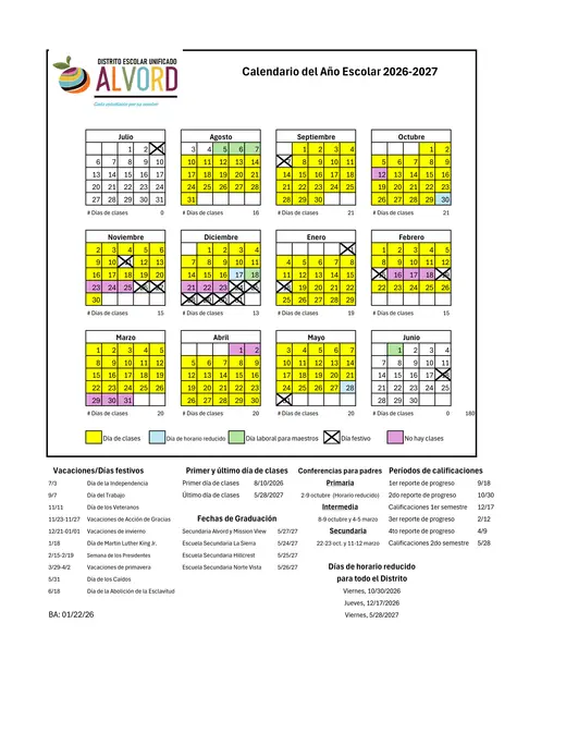 Alvord Unified School District 2026–2027 Academic Calendar Page 2