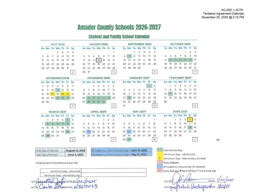 Amador County Schools 2026–2027 Academic Calendar