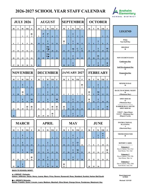 Anaheim Elementary School District 2026–2027 Academic Calendar