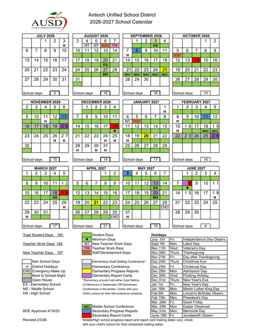 Antioch Unified School District AUSD 2026–2027 Academic Calendar