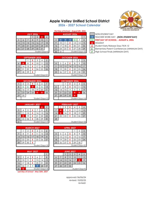 Apple Valley Unified School District 2026–2027 Academic Calendar