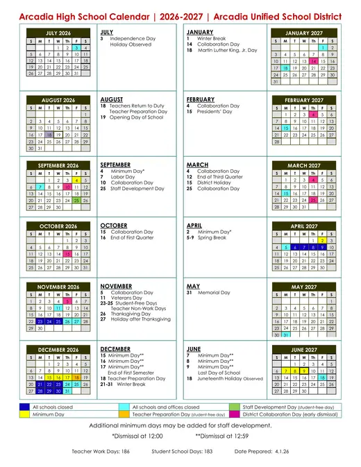 Arcadia Unified School District 2026–2027 Academic Calendar Page 1
