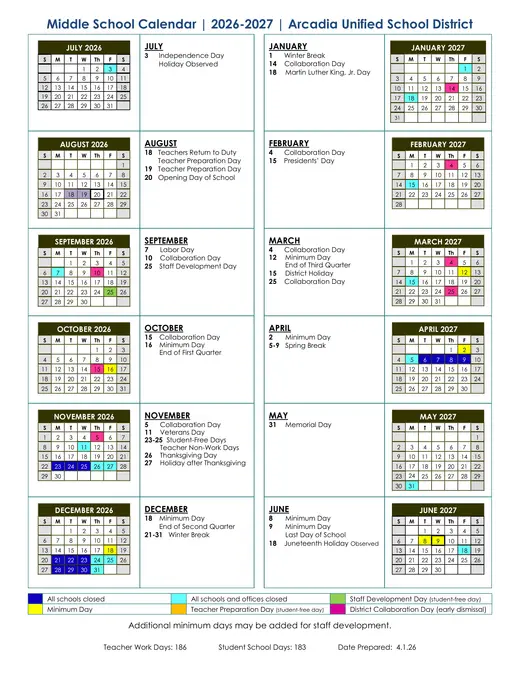 Arcadia Unified School District 2026–2027 Academic Calendar Page 2