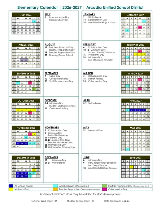 Arcadia Unified School District 2026–2027 Academic Calendar Page 3