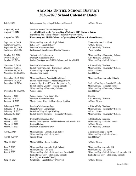 Arcadia Unified School District 2026–2027 Academic Calendar Page 4