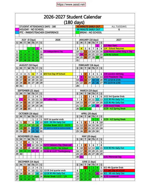 Arvin Elementary School District 2026–2027 Academic Calendar