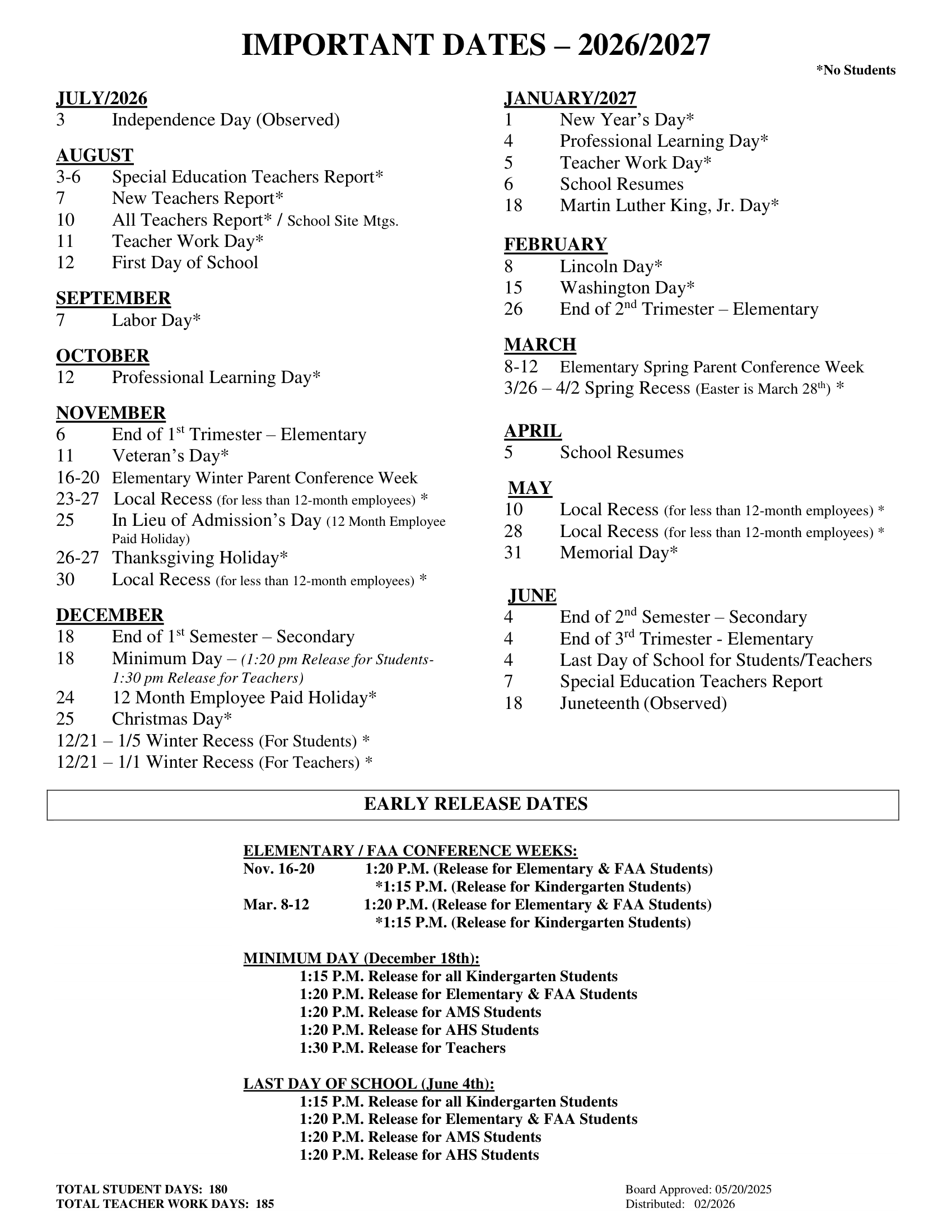 Atascadero Unified School District 2026–2027 Academic Calendar Page 2