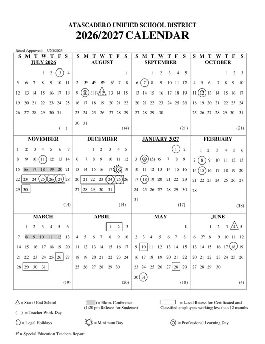 Atascadero Unified School District 2026–2027 Academic Calendar Page 1