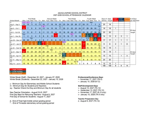 Azusa Unified School District 2027–2028 Academic Calendar Page 2