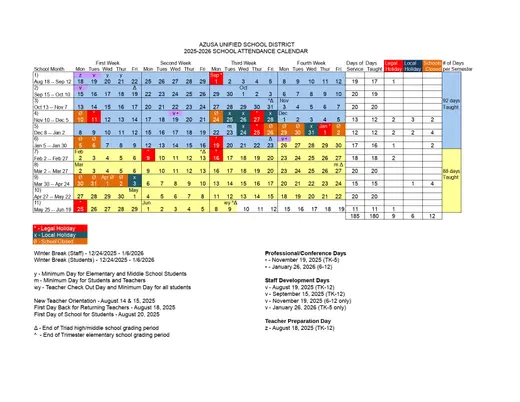 Azusa Unified School District 2027–2028 Academic Calendar Page 3