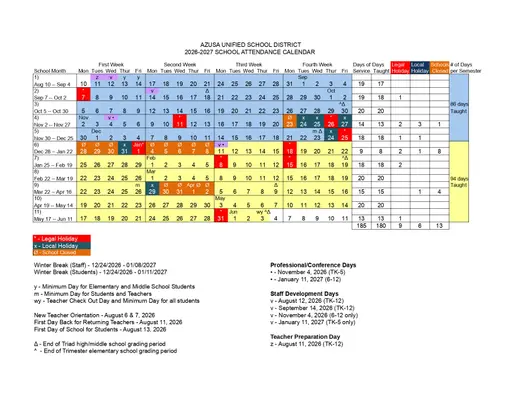 Azusa Unified School District 2027–2028 Academic Calendar Page 4