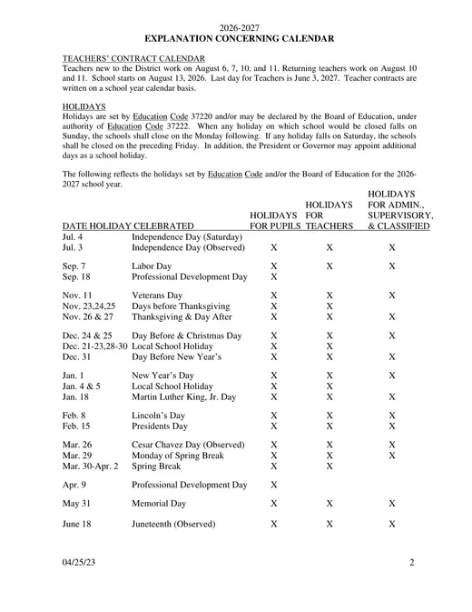 Baldwin Park Unified School District 2026–2027 Academic Calendar Page 1